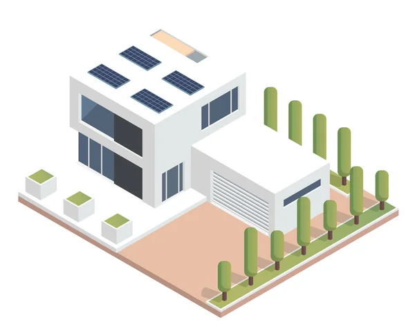 Moderna Casa Respetuosa Del Medio Ambiente Verde Isométrico Lujo Con — Vector de stock