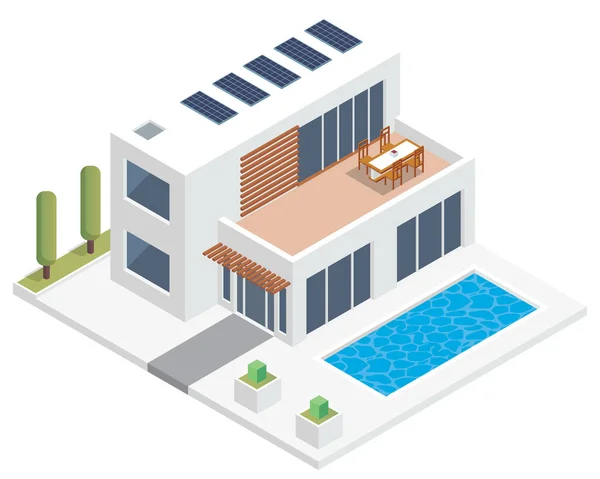 Maison Écologique Verte Isométrique Moderne Luxe Avec Panneau Solaire Adaptée — Image vectorielle