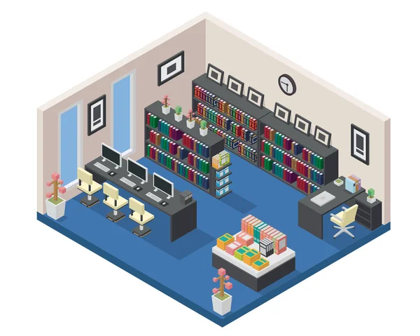 Biblioteca Livros Isométricos Modernos Design Interiores — Vetor de Stock