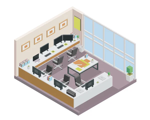 Modern Isometric Startup Creative Office Space Scene Interior Design Suitable — Stock Vector