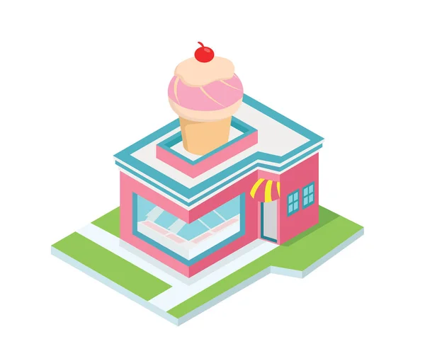 现代等距商业餐厅建筑 冰淇淋店 — 图库矢量图片