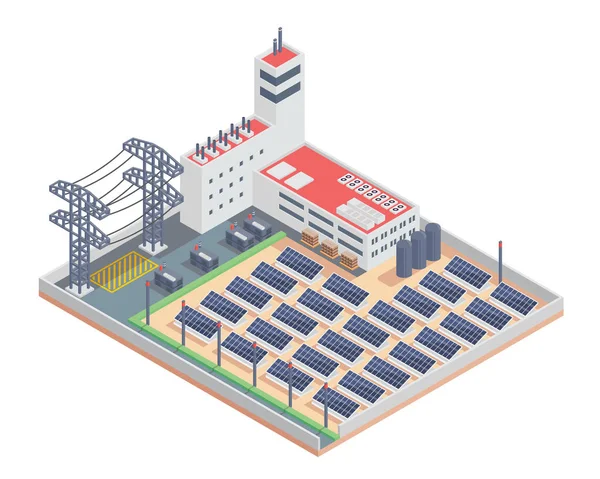 Modern Izometrik Sanayi Elektrik Güneş Santrali Tesis Binası Diyagramları Infographics — Stok Vektör