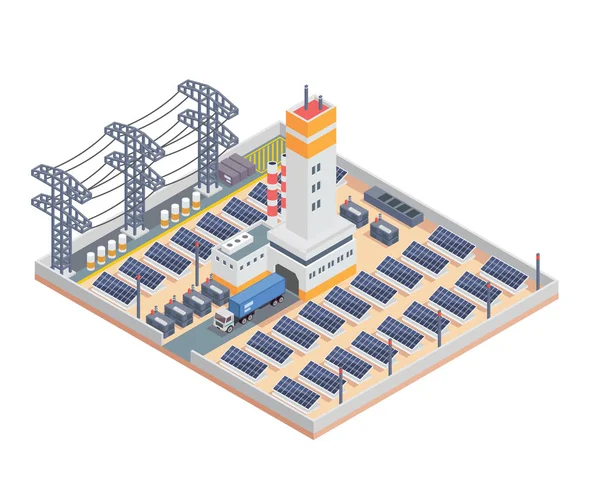 Moderne Isometrische Industriële Elektriciteit Zonne Energie Plant Faciliteit Gebouw Geschikt — Stockvector