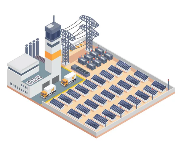 現代の等尺性産業電気太陽工場工場棟 ダイアグラム インフォ グラフィック イラストレーション およびその他のグラフィックスに適した関連資産 — ストックベクタ