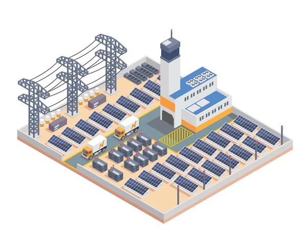 Edificio Instalación Planta Solar Electricidad Industrial Isométrica Moderna Adecuado Para — Vector de stock