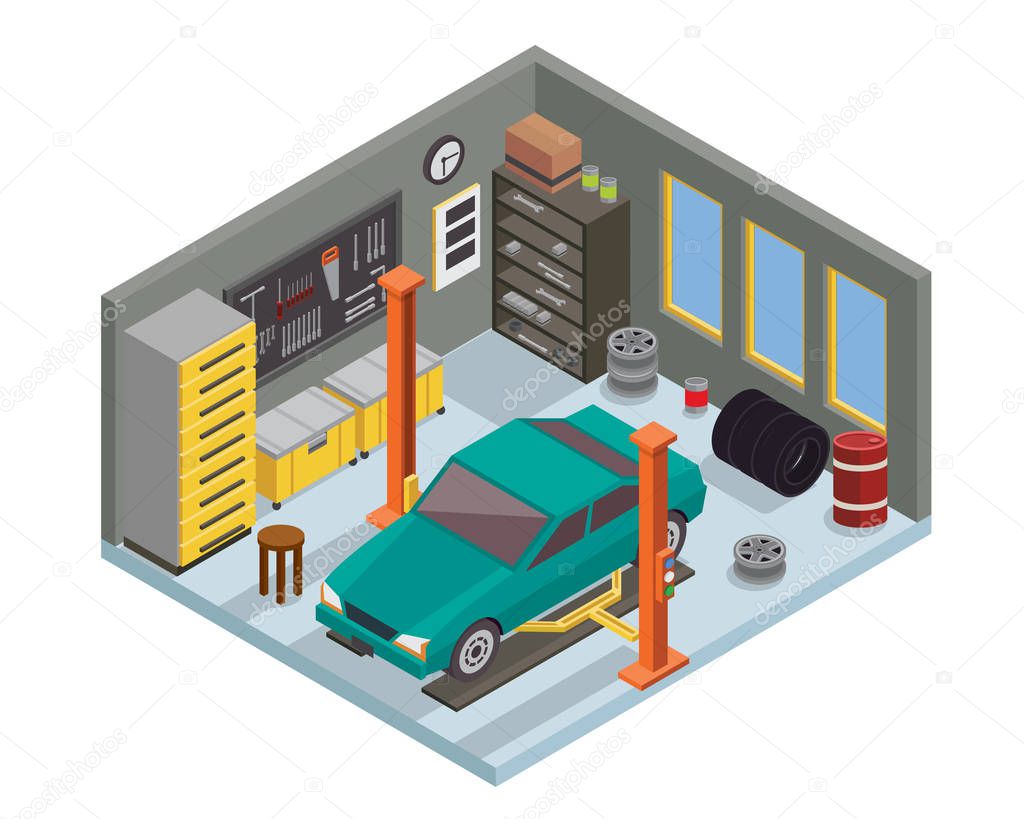 Modern Isometric Car Workshop Garage Interior Design