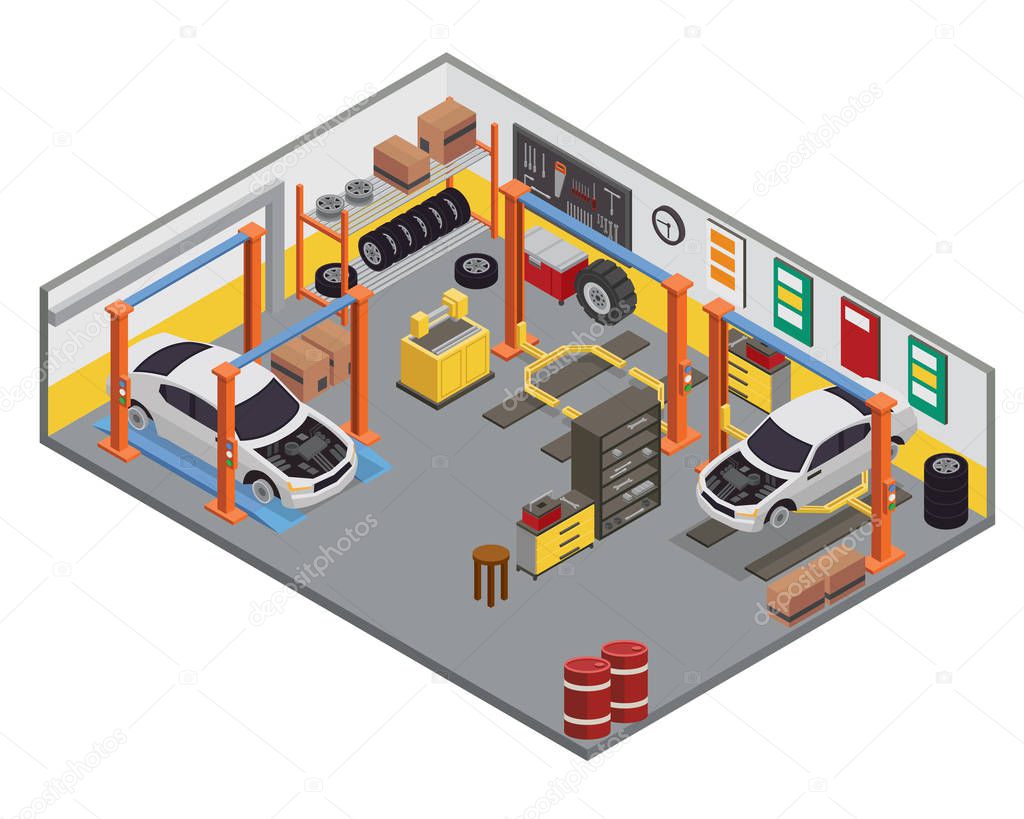 Modern Isometric Car Garage Interior Design — Stock Vector