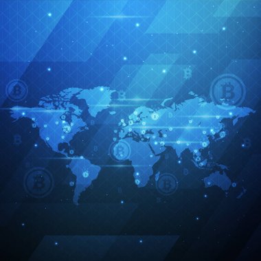 Küresel ağ teknolojisi afiş illüstrasyon dünya harita arka plan ile madencilik Modern Ultra Hd Kripto Döviz Alım Bitcoin