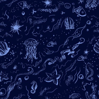 Deniz sakinleri ile mavi bir arka plan üzerinde tematik desen