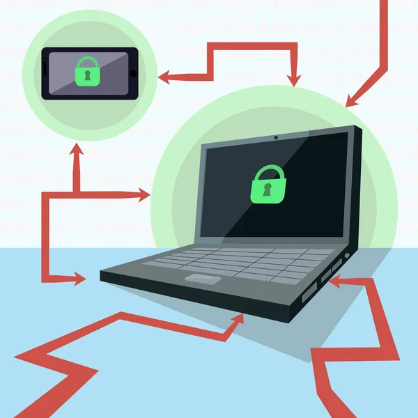 Protección de los hackers para su smartphone, laptop y computadoras — Vector de stock