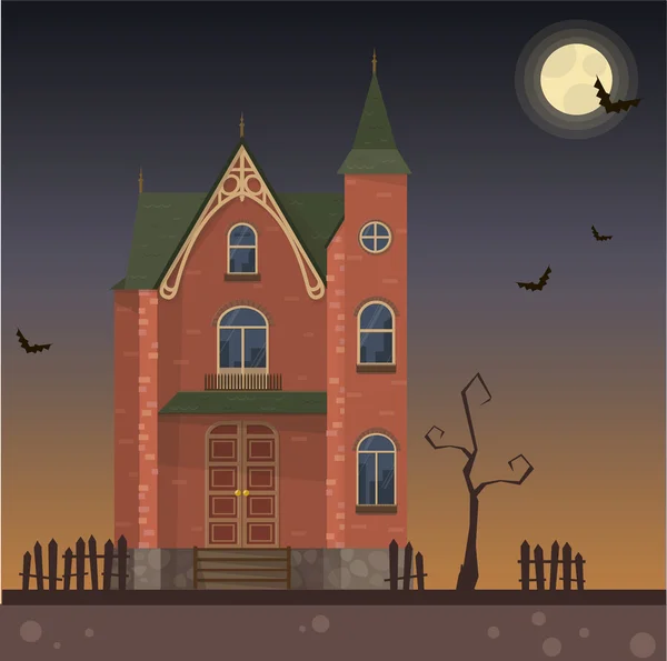 Gotik Cadılar Bayramı castle house ay gece yarasa — Stok Vektör