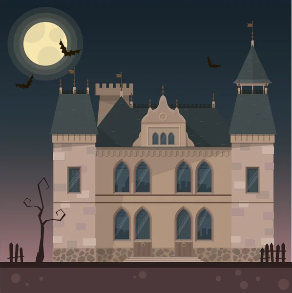 哥特式万圣节城堡房子月亮夜蝙蝠 — 图库矢量图片