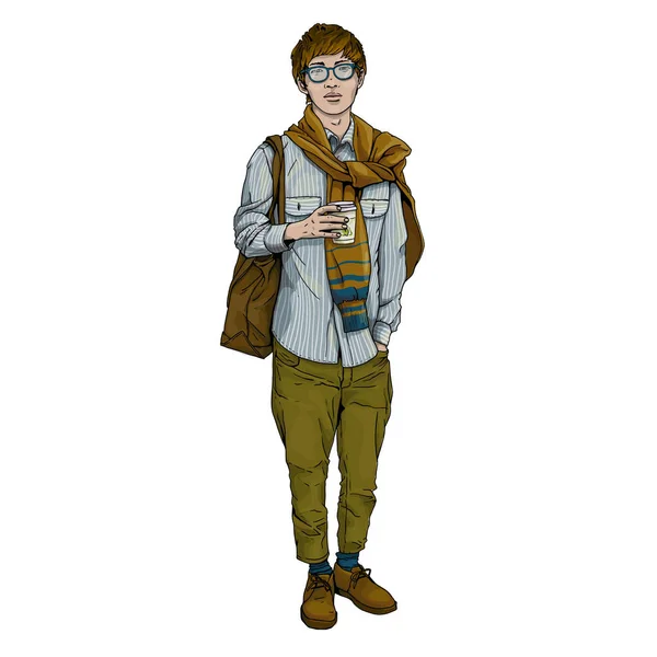 Joven japonés asiático hipster hombre con café aislado Vector De Stock