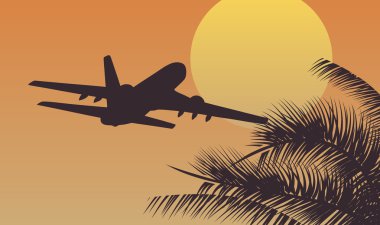 Gün batımında tropikal deniz yukarıda uçak uçan vektör. seyahat illüstrasyon