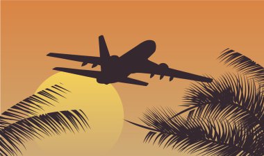 Gün batımında tropikal deniz yukarıda uçak uçan vektör. seyahat illüstrasyon