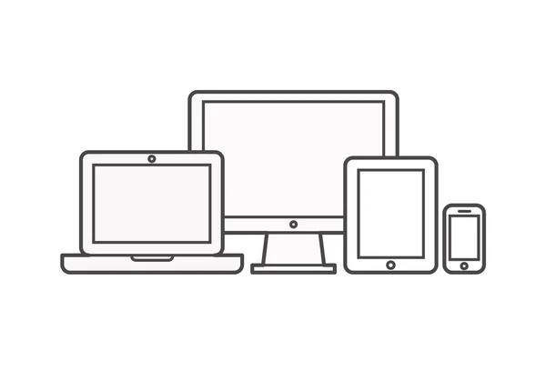 Ikony urządzeń: smartfon, tablet, laptop i komputer stacjonarny. Wektorowa ilustracja responsywnego projektowania stron internetowych. — Wektor stockowy