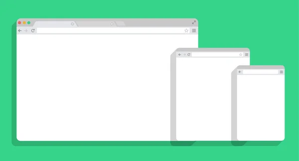 Conjunto de janelas de navegador em branco planas para diferentes dispositivos. Vector. Computador, tablet, tamanhos de telefone . —  Vetores de Stock