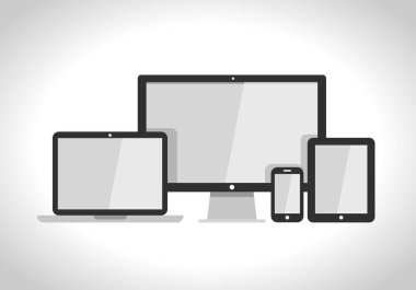 Aygıt simgeleri: akıllı telefon, tablet, laptop ve masaüstü bilgisayarı. Karşılıklı web tasarımının vektör illüstrasyonu.