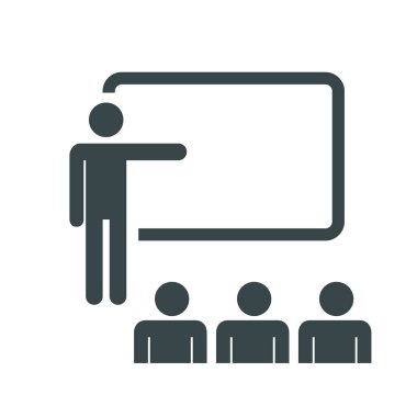 Eğitim, eğitim ve sunum simgesi. seyirci ile. Vektör çizim. Siyah-beyaz pictogramm