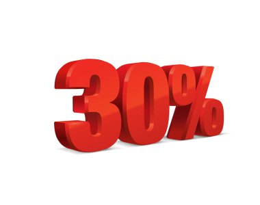 % 30 indirimli, beyaz arka plan satışı, kırmızı metall objesi 3D. Eps10 Vektörü.