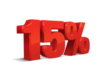 % 15 indirimli, beyaz arka plan satışı, kırmızı metall objesi 3D. Eps10 Vektörü.