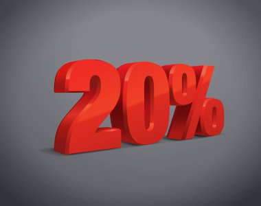 % 20 indirimli, beyaz arka plan satışı, kırmızı metall objesi 3D. Eps10 Vektörü.