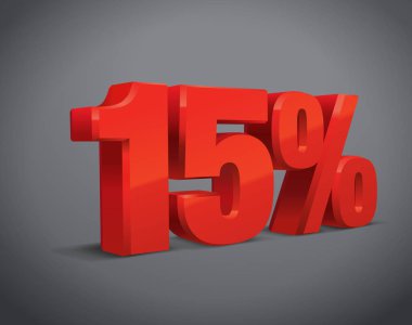 % 15 indirimli, beyaz arka plan satışı, kırmızı metall objesi 3D. Eps10 Vektörü.