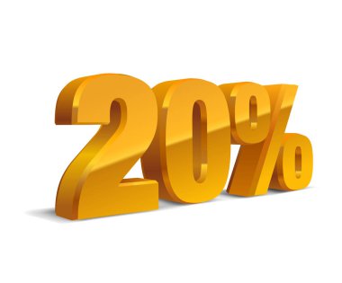 % 20 indirimli, beyaz arka plan satışı, altın sarısı metall objesi 3D. Eps10 Vektörü.
