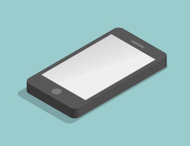 3D, izometrik model telefon. Sunum ögesi, web sitesi ya da başka bir şey yazdırmak için. Şablon, mavi arka plan. Vektör, düz biçim.