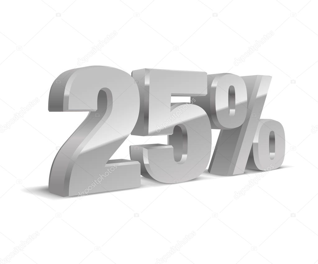 25% percent off, sale white background, silver-gray object 3D. Eps10 Vector.