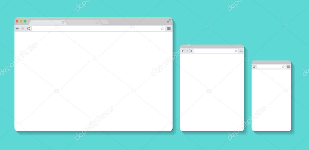 Set of Flat blank browser windows for different devices. Vector. Computer, tablet, phone sizes. Device Icons: smart phone, tablet and desktop computer. Vector illustration of responsive web design.