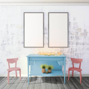 duvarda poster çerçevesi kadar mock, modern tarzda iç arka plan, 3d render