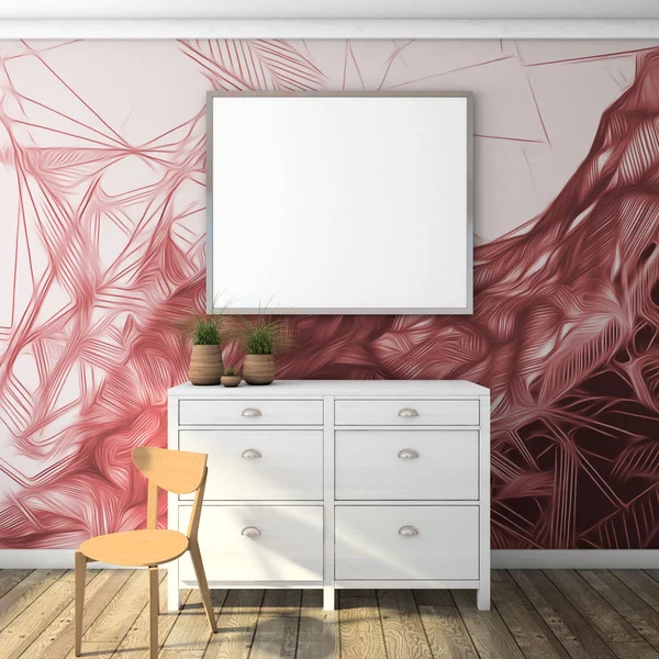 duvarda poster çerçevesi kadar mock, modern tarzda iç arka plan, 3d render