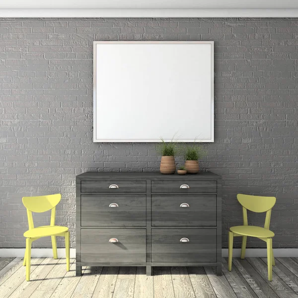 duvarda poster çerçevesi kadar mock, modern tarzda iç arka plan, 3d render