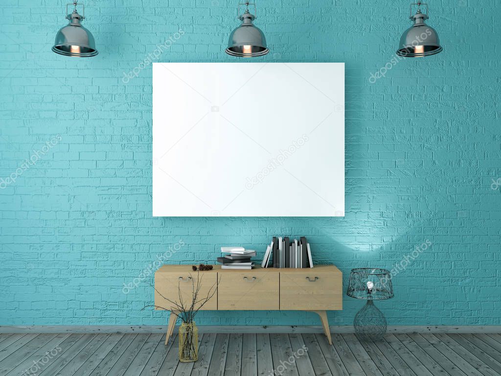 mock up poster frame on wall, modern style interior background, 3D render