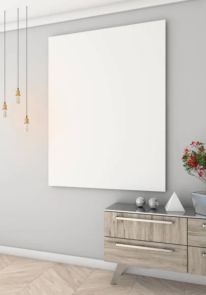 Afiche simulado con fondo interior de pared de luz, 3d render — Foto de Stock