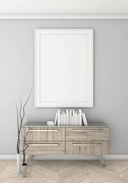 Cartaz Mock up com fundo interior da parede de luz, renderização 3d — Fotografia de Stock