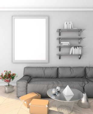 modern iç kanepe ile duvardaki poster alay. çatı katı. 3D render