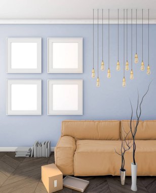 modern iç kanepe ile duvardaki posterler alay. çatı katı. 3D render