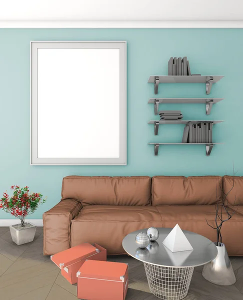 modern iç kanepe ile duvardaki poster alay. çatı katı. 3D render