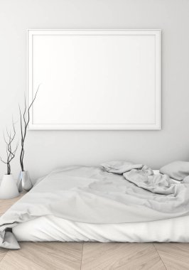 poster çerçevesi içinde ışık yatak odası modern tarzı iç geçmiş alay. 3D viz