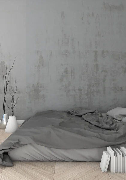 Håna upp mörka sovrum hipster stil interiör bakgrund. 3D viz — Stockfoto