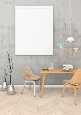 kadar bir çerçevede duvardaki poster modern bir iç sıva ile ilgili alay et. 3D görüntüleme