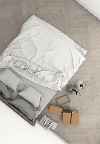 Современный интерьер спальни выполнен в темных тонах. вид сверху. 3D визуализация — стоковое фото
