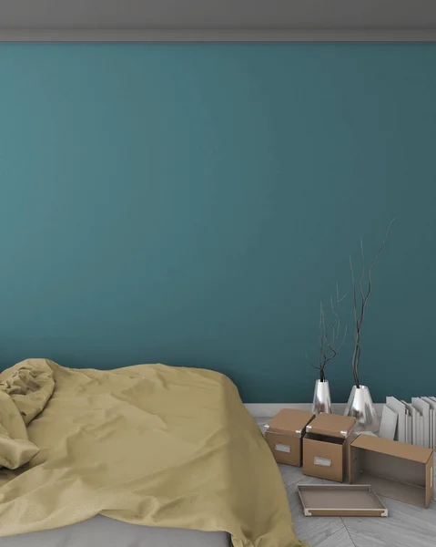 Håna upp sovrum hipster stil interiör bakgrund. 3D viz — Stockfoto