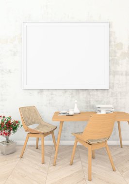 kadar bir çerçevede duvardaki poster modern bir iç sıva ile ilgili alay et. 3D görüntüleme