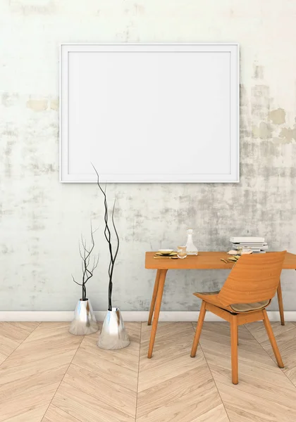 Zombar do cartaz em uma moldura na parede com gesso em um interior moderno. Visualização 3D — Fotografia de Stock