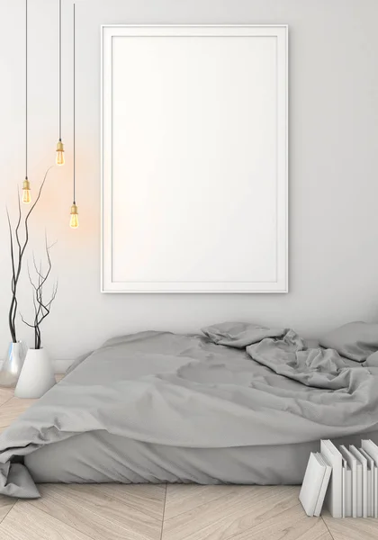 poster çerçevesi içinde ışık yatak odası modern tarzı iç geçmiş alay. 3D viz