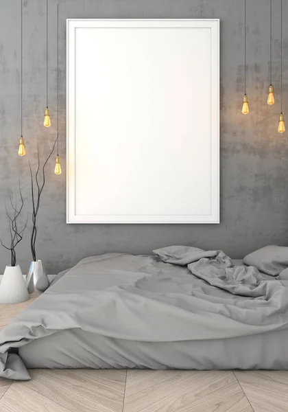 poster çerçevesi içinde ışık yatak odası modern tarzı iç geçmiş alay. 3D viz