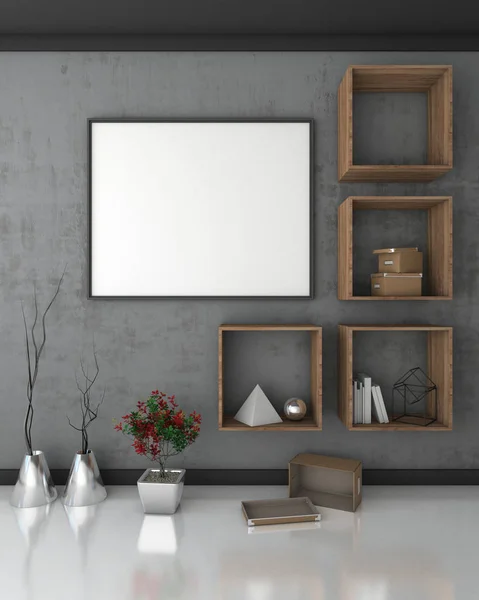 Afiche simulado con fondo interior de pared negro, 3d render — Foto de Stock